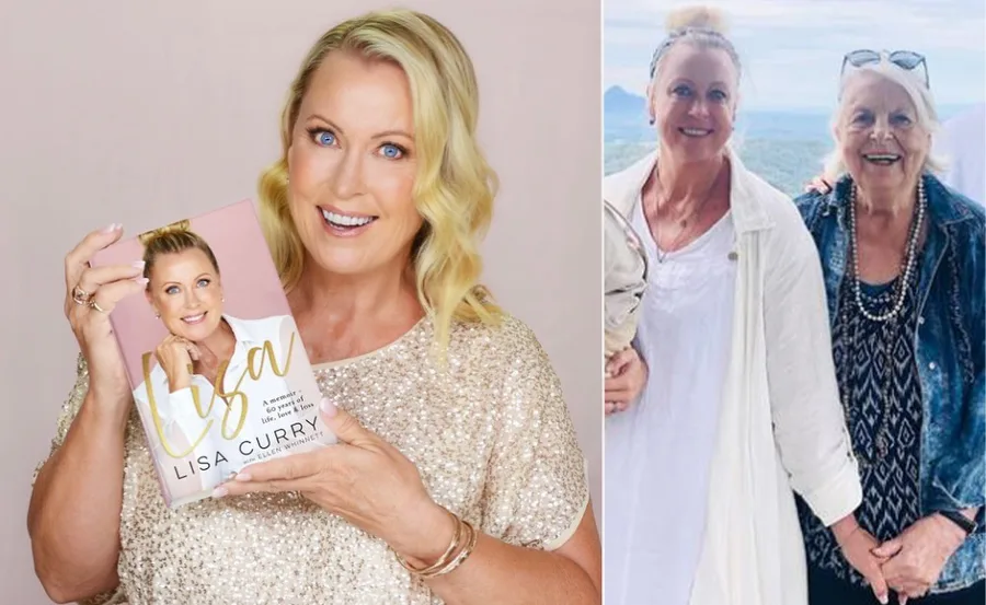 Lisa Curry smiling and holding her memoir, alongside another photo of her standing with an older woman outdoors.