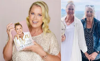 Lisa Curry smiling and holding her memoir, alongside another photo of her standing with an older woman outdoors.