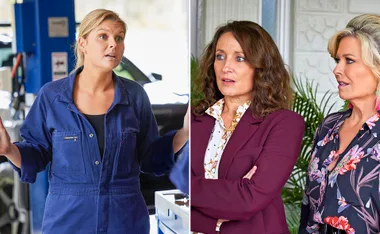 Ziggy in a blue mechanic's outfit, with Roo and Justin looking surprised beside her, in a scene from "Home and Away."