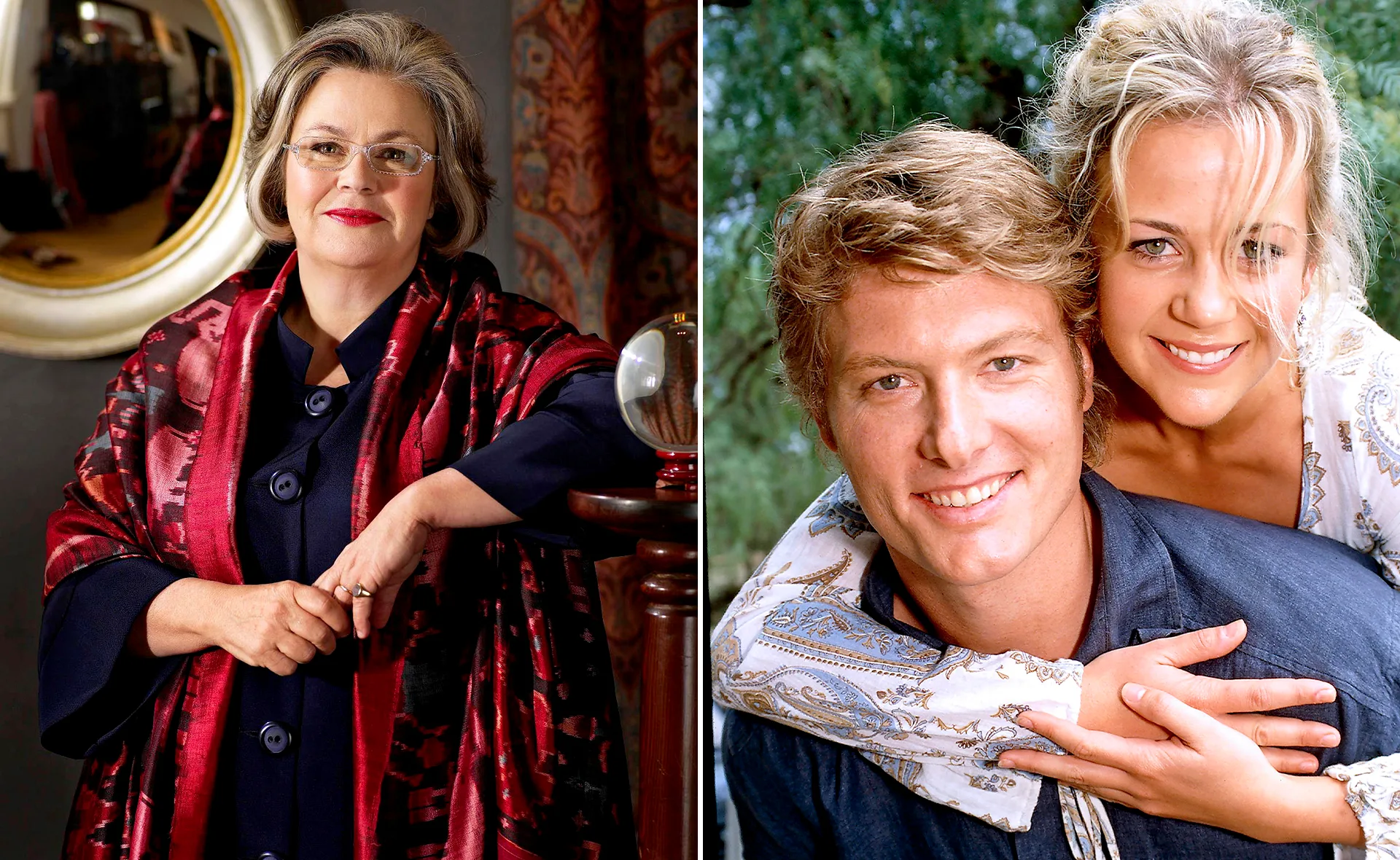 Two-panel image: Left shows a woman in glasses and a red shawl; right shows a smiling couple embracing outdoors.