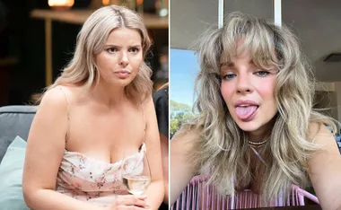 Two women: one in a floral dress with a wine glass, the other with tousled hair sticking out her tongue.