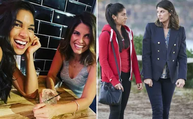 Two women smiling at a restaurant and two female characters talking outdoors from "Home and Away."