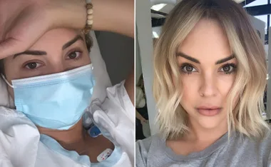 Woman in hospital wearing a mask on left, and a portrait with styled hair on right.