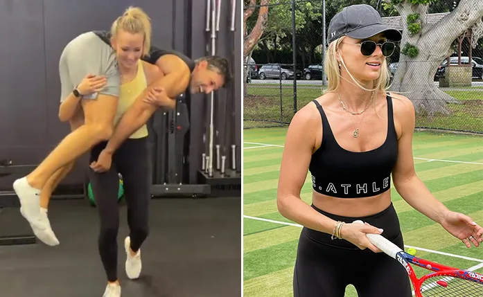 Two images: woman lifting a man in a gym; same woman playing tennis on a grass court, wearing activewear and sunglasses.