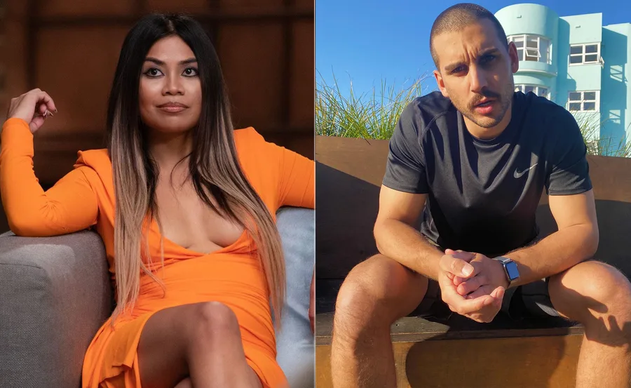 A woman in an orange dress sitting indoors, and a man in a black shirt sitting outdoors, with a building in the background.