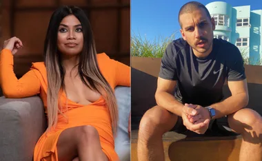 A woman in an orange dress sitting indoors, and a man in a black shirt sitting outdoors, with a building in the background.