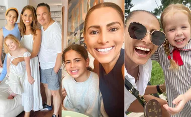 A joyful collage featuring a family of four with smiling faces in different settings.