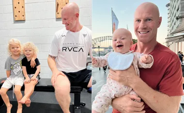 Man with shaved head, wearing a white t-shirt, sitting with two kids, and holding a smiling baby in separate shots.