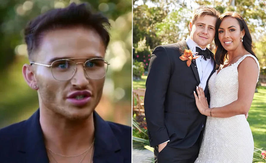 "Left: Person with glasses, serious expression. Right: Couple in wedding attire, smiling outdoors."