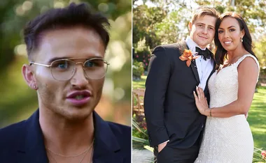"Left: Person with glasses, serious expression. Right: Couple in wedding attire, smiling outdoors."