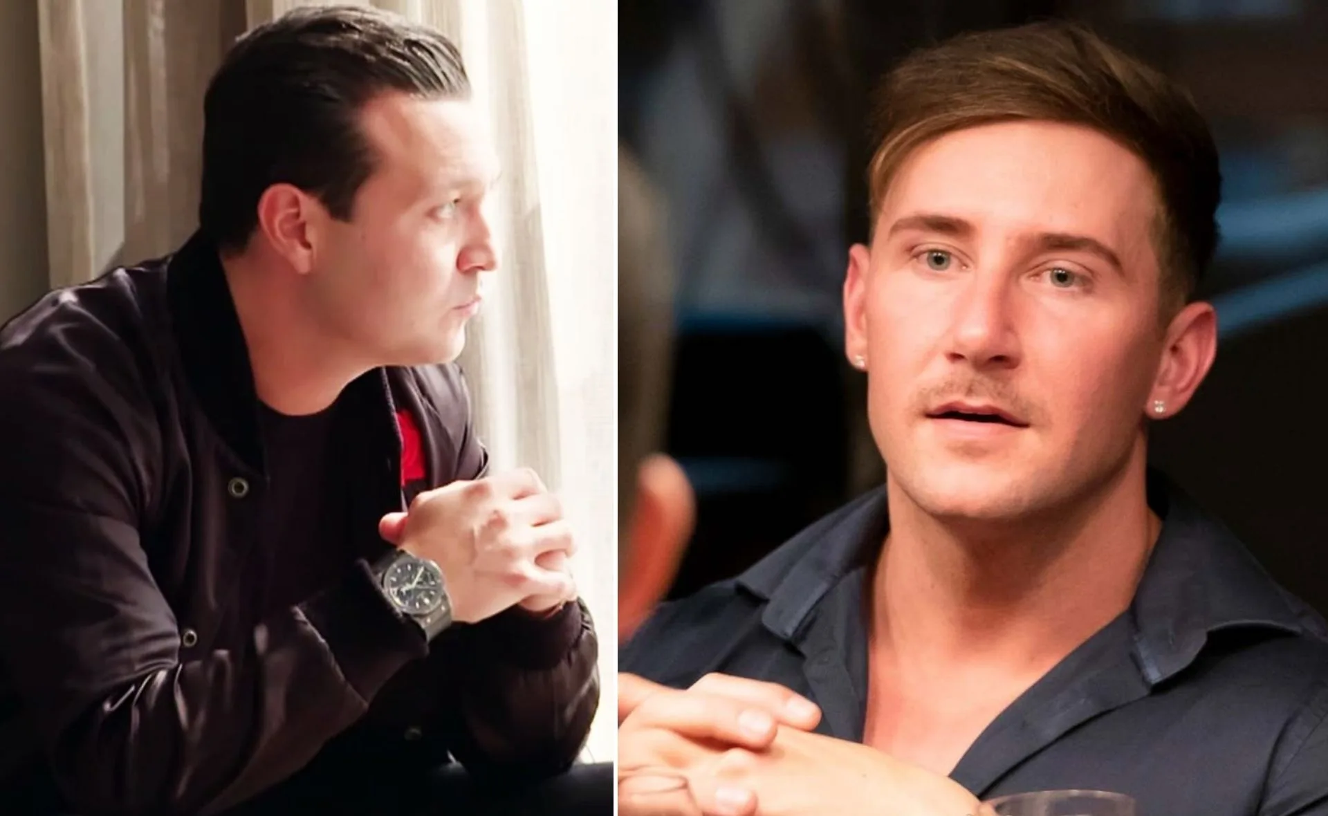 Two men from "Married at First Sight" appear in separate, candid shots, both seated and looking attentive.
