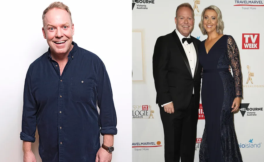 Man smiling in a blue shirt; couple dressed formally at an event, man in tuxedo, woman in a blue gown.