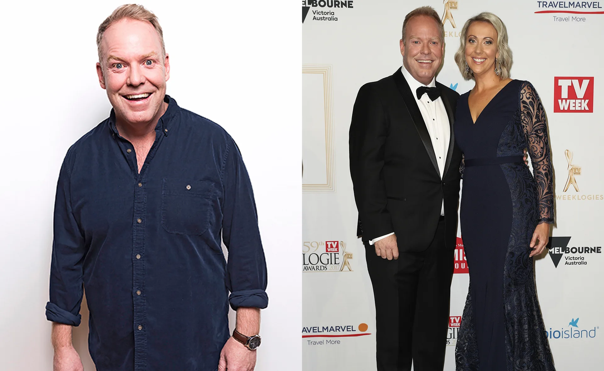 Man smiling in a blue shirt; couple dressed formally at an event, man in tuxedo, woman in a blue gown.