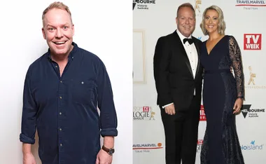 Man smiling in a blue shirt; couple dressed formally at an event, man in tuxedo, woman in a blue gown.