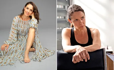 Kate Atkinson in a patterned dress on left and in a black tank top on right, scenes from "Underbelly: Vanishing Act".