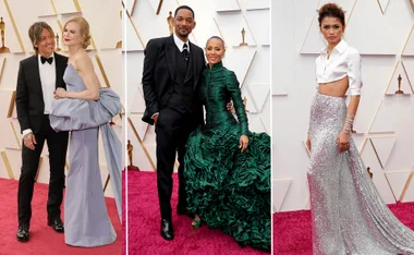 Celebrities in elegant attire walking the Oscars 2022 red carpet.
