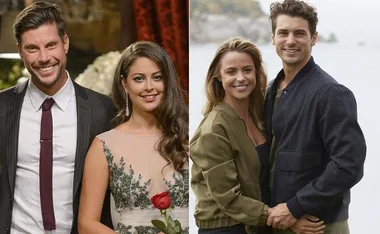 Two couples smiling; one holding a rose indoors, the other embracing outdoors by the water.