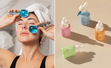 Woman using blue facial globes; Alpha-H skincare serums in colorful bottles on the right.