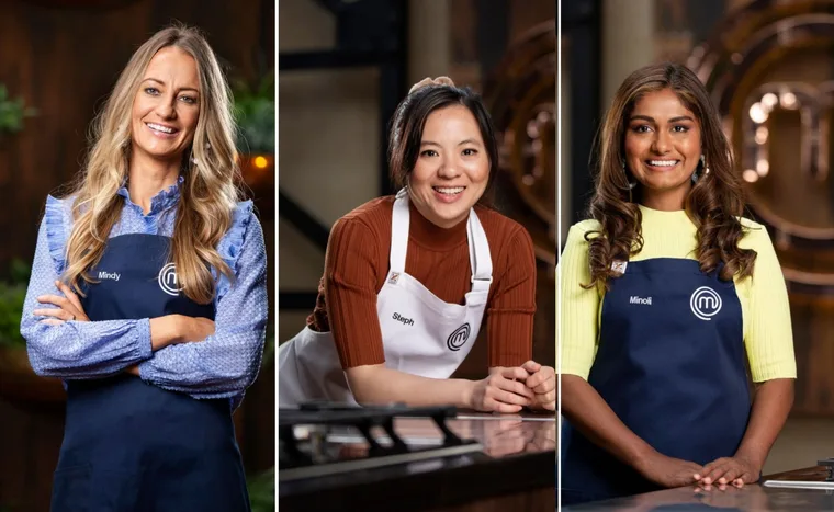 "MasterChef Australia 2022 contestants: Mindy in blue shirt, Steph in brown top, Minoli in yellow shirt, all smiling."