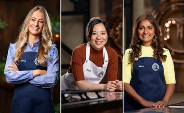 "MasterChef Australia 2022 contestants: Mindy in blue shirt, Steph in brown top, Minoli in yellow shirt, all smiling."
