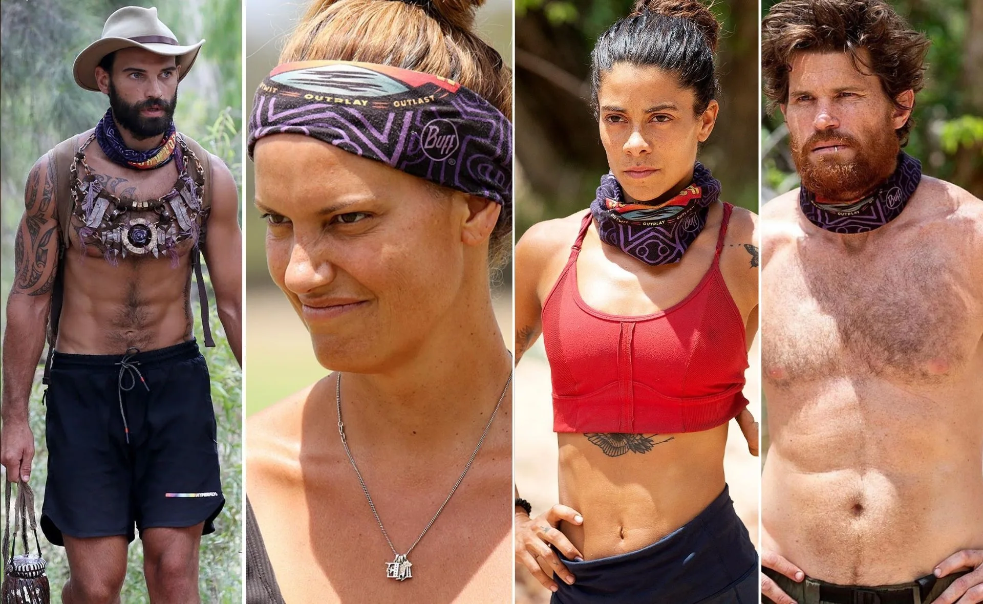 Four "Survivor: Blood vs. Water" contestants wearing buffs in different settings, showing determination and focus.