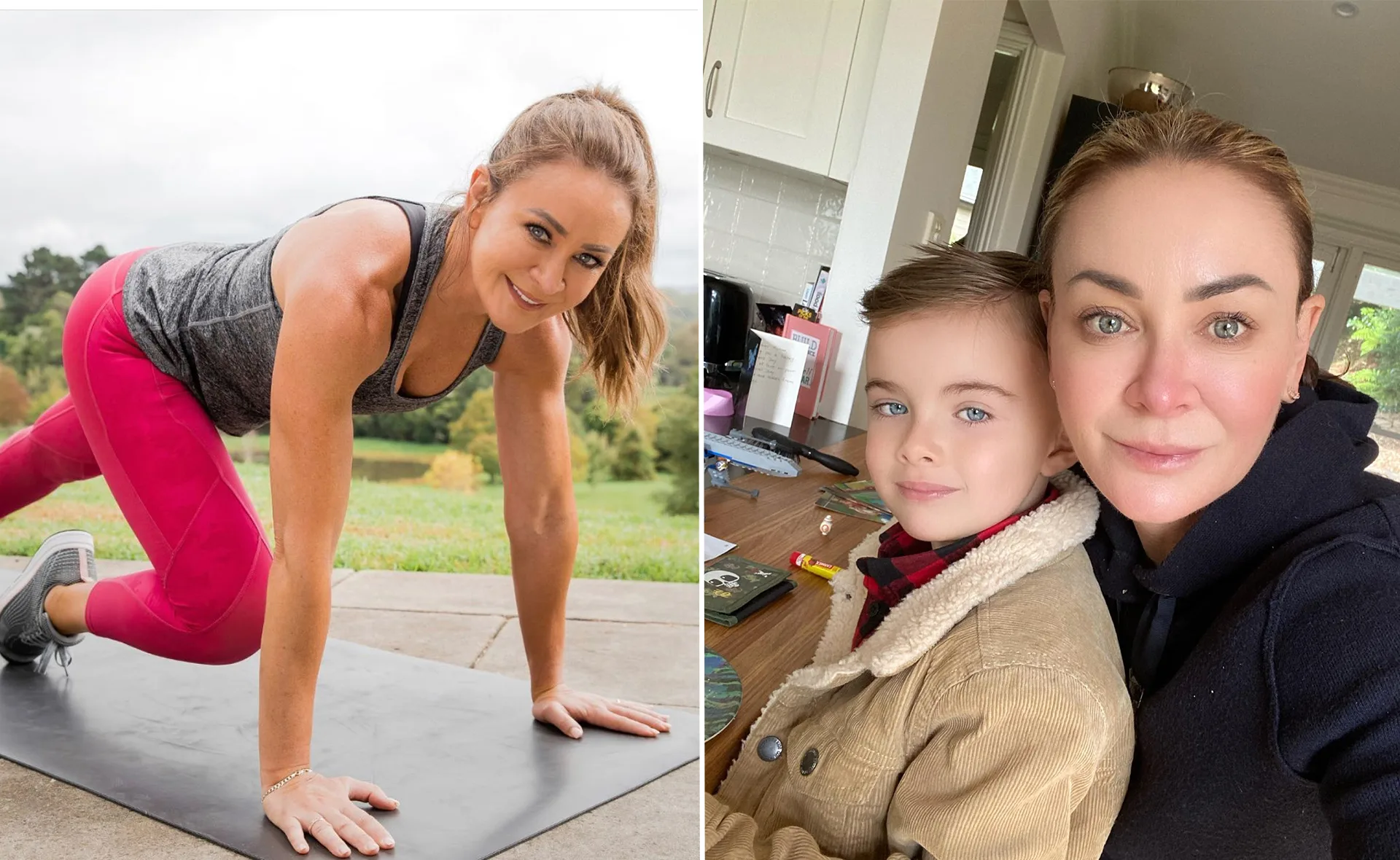 Woman exercising outdoors and posing indoors with a child.