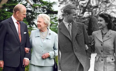 Two images side by side of an older and younger couple smiling and walking arm in arm, in formal attire.