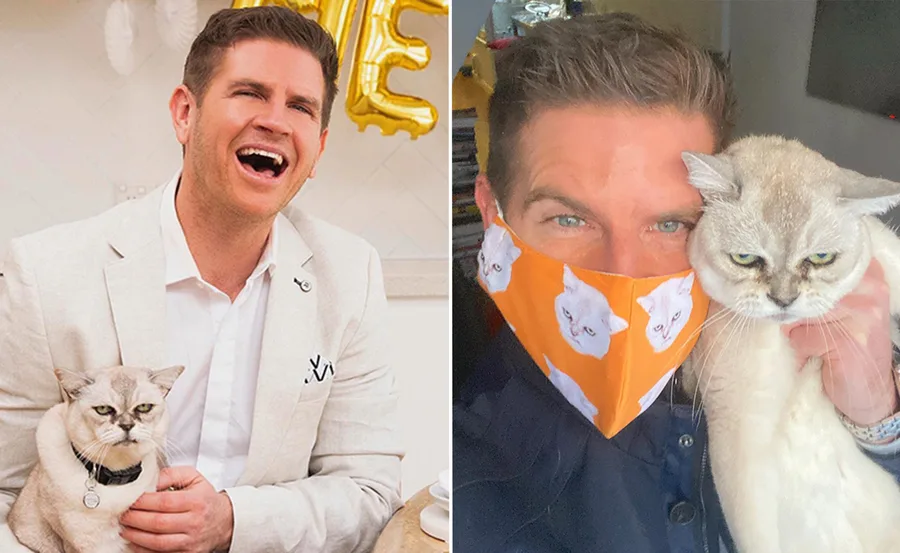 Man laughing with a cat at a table; another photo shows them with a cat-themed mask.