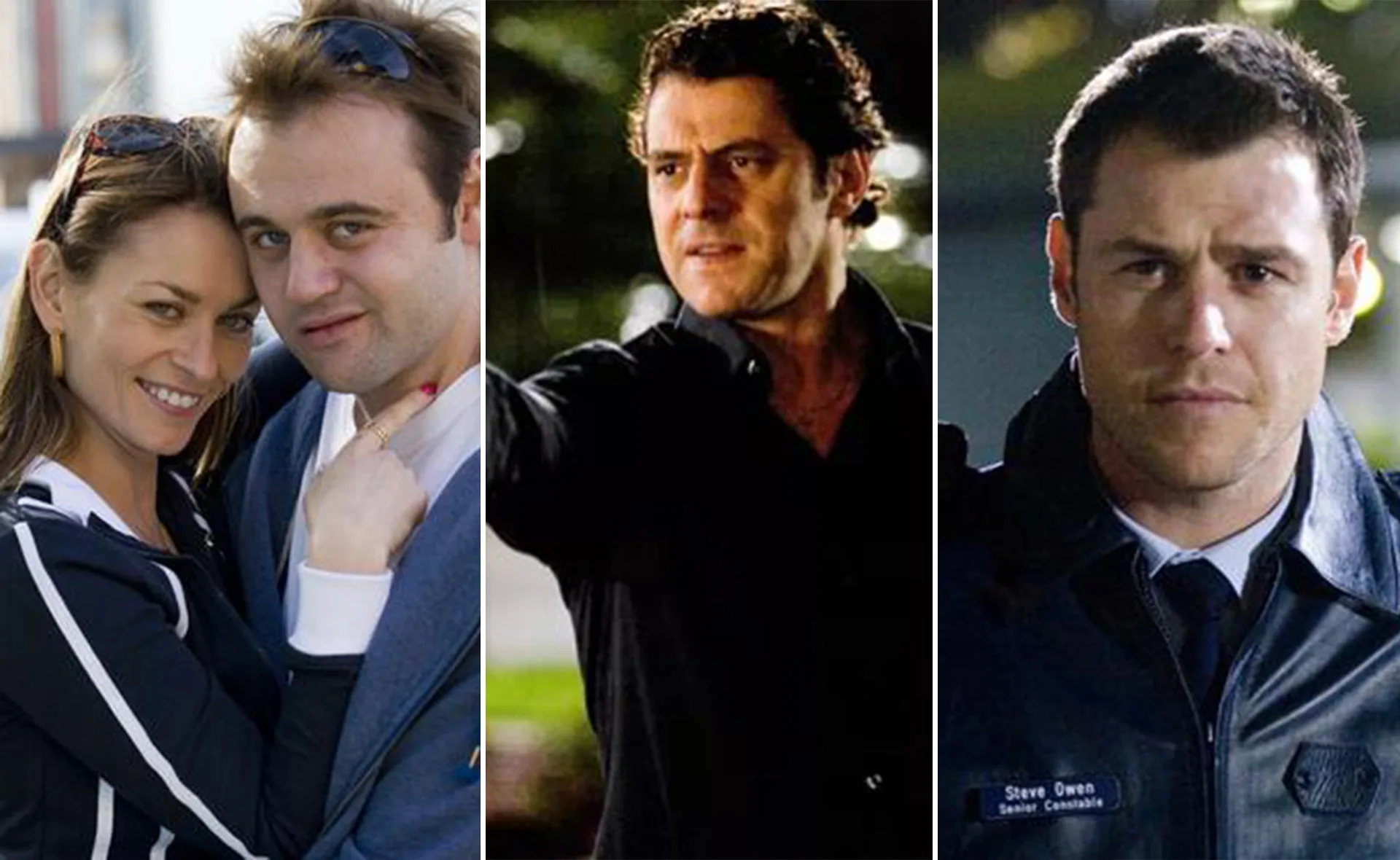 Collage of three scenes from "Underbelly"; two people embracing, a man pointing, and a police officer in uniform.