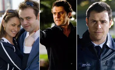 Collage of three scenes from "Underbelly"; two people embracing, a man pointing, and a police officer in uniform.