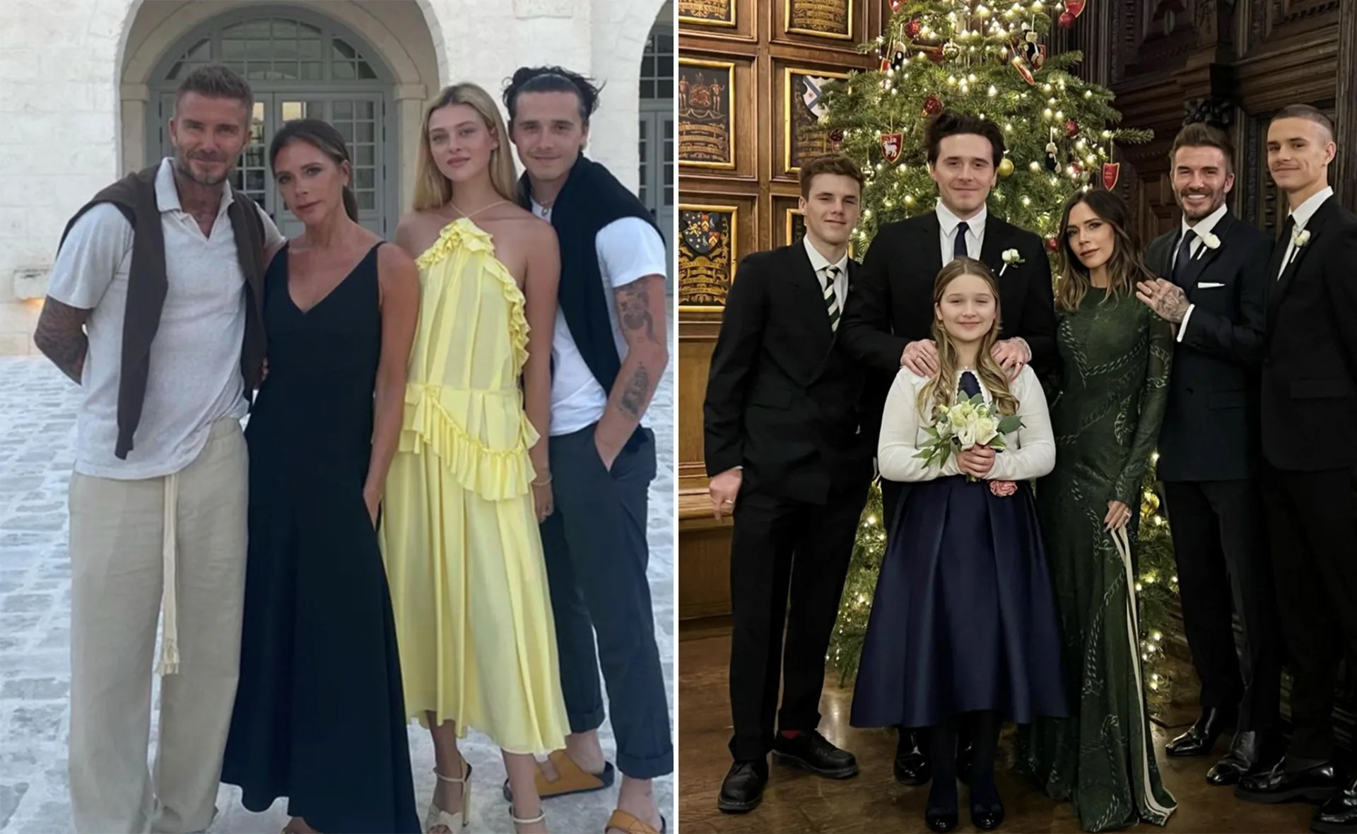 Family posing outdoors and indoors by a Christmas tree, dressed in formal and casual attire.
