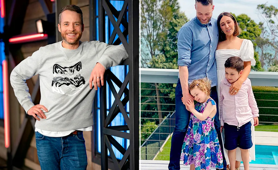 Man smiling in casual wear next to set structure; family with two kids posing outdoors, trees in background.