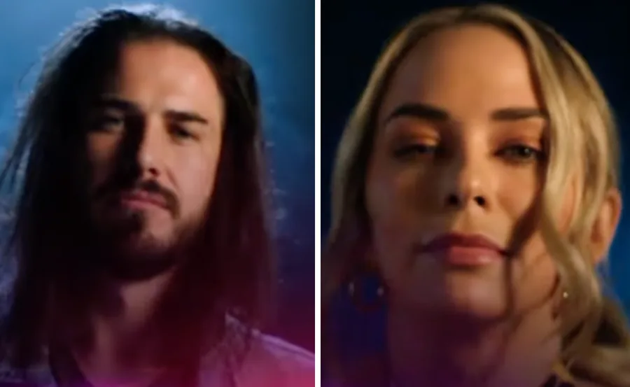 Two side-by-side close-up shots: one of a man with long hair and another of a woman with blonde hair, both serious expressions.