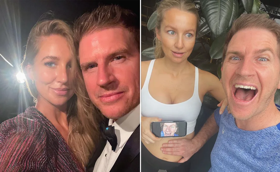 Couple smiling, dressed up at night; then posing at home showing a pregnancy announcement with ultrasound.