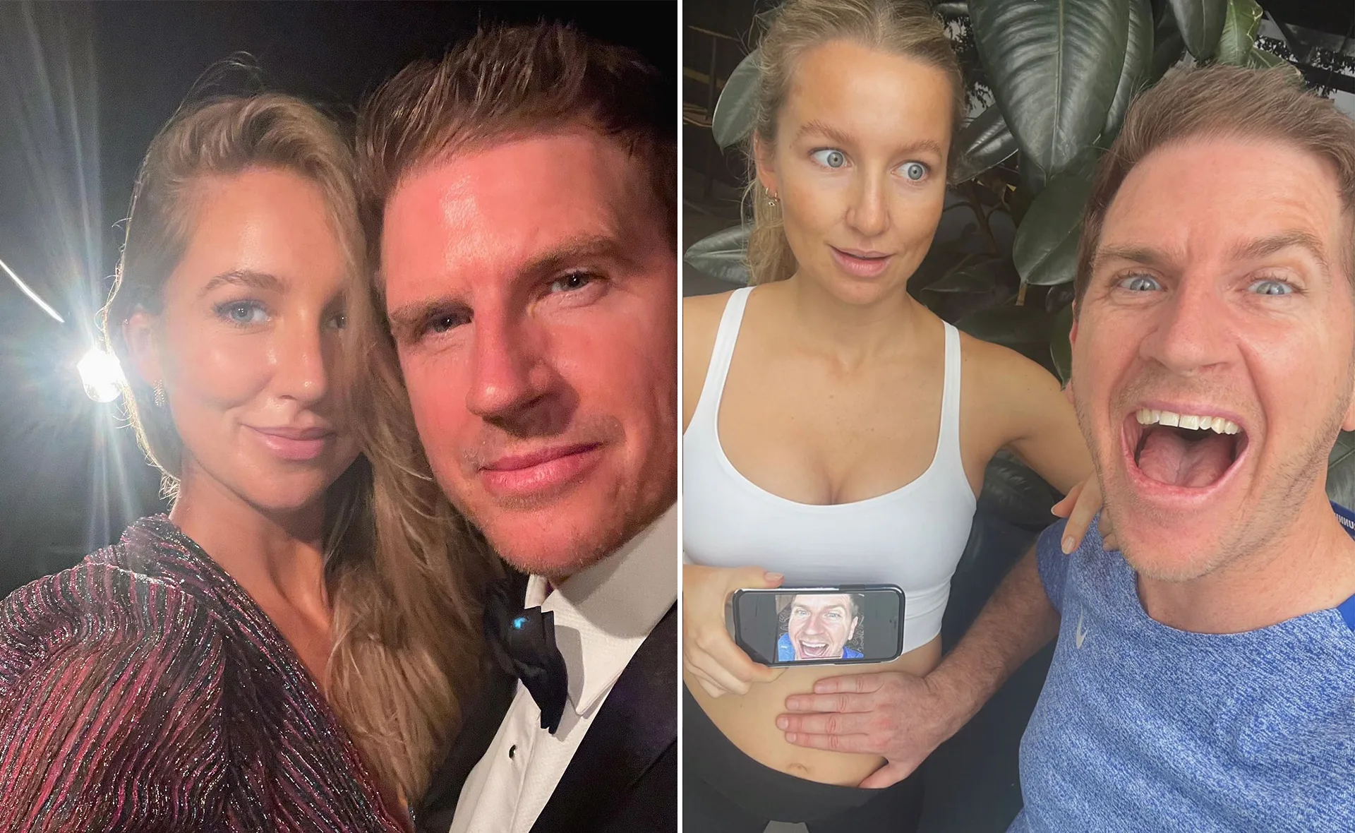 Couple smiling, dressed up at night; then posing at home showing a pregnancy announcement with ultrasound.