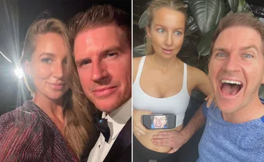 Couple smiling, dressed up at night; then posing at home showing a pregnancy announcement with ultrasound.