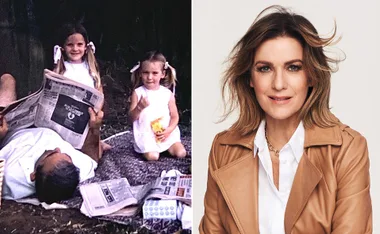 Young girls with ribbons on a picnic blanket beside a man reading a newspaper; portrait of a smiling woman in a tan jacket.