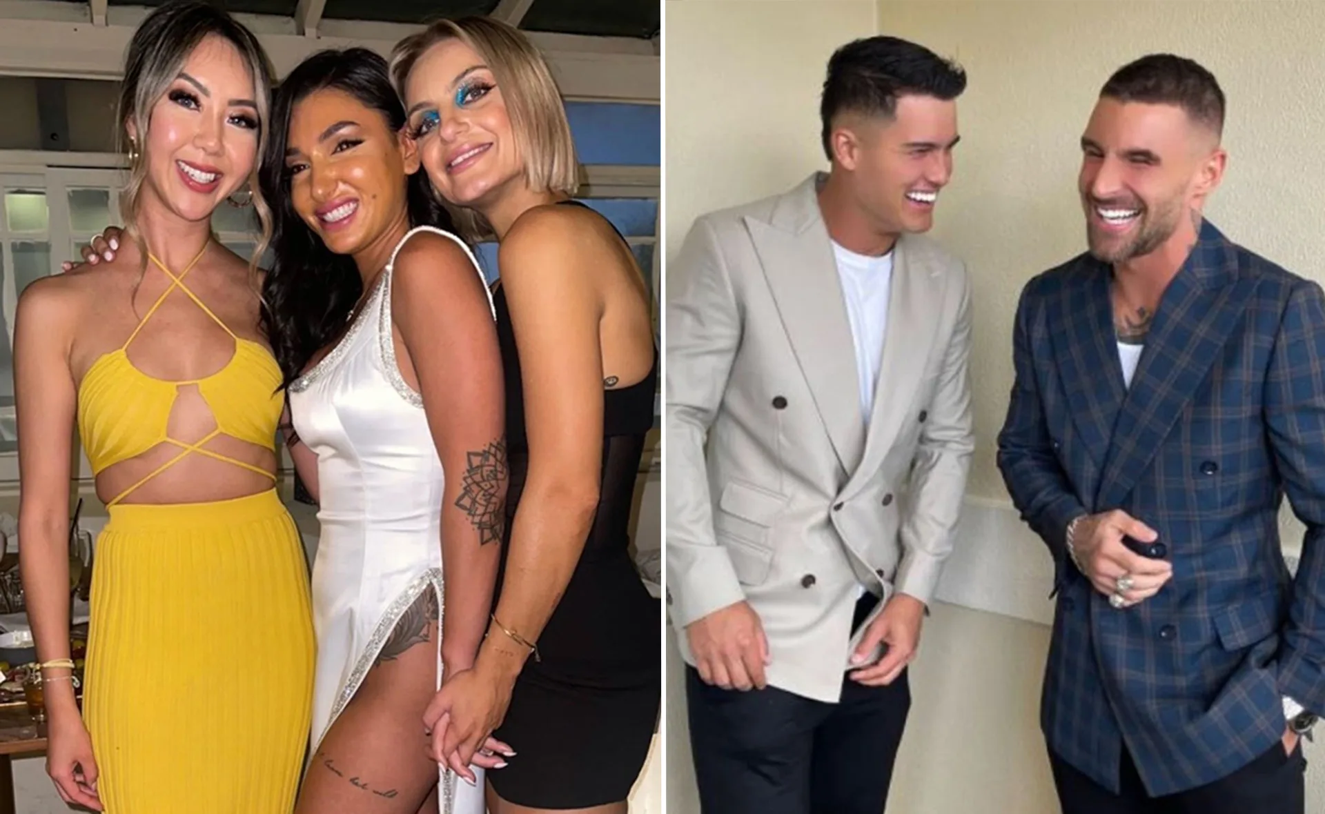 Group photo of "MAFS 2022" contestants smiling; three women on left, two men on right in fashionable outfits.