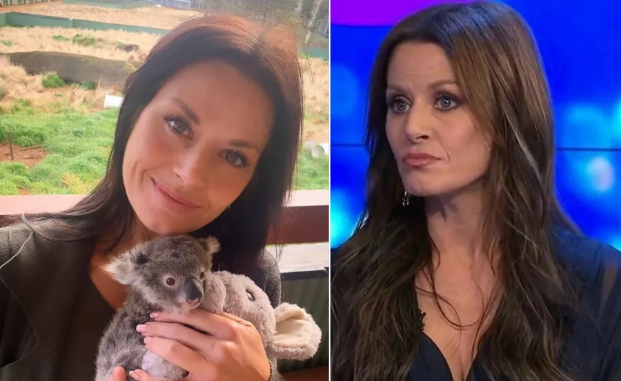 Woman cuddling a koala on the left; same woman speaking on a TV show on the right.