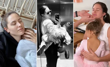 Mother with kids: cuddling a baby, in an elevator holding a toddler, and receiving a facial with child on lap.