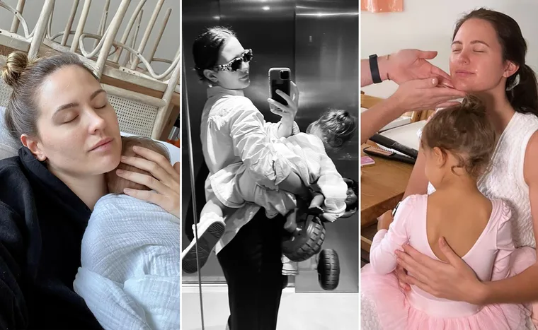Mother with kids: cuddling a baby, in an elevator holding a toddler, and receiving a facial with child on lap.