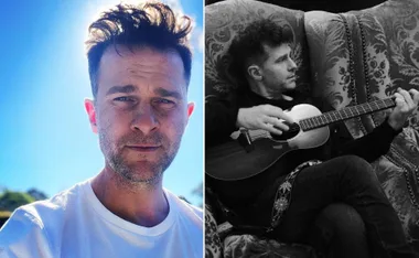 "Two-image collage: Left, a man in a white t-shirt smiling against a bright sky. Right, same man playing guitar on a sofa."