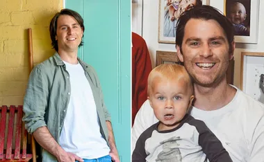 Man standing and smiling in one image; in another, he is holding a young child, both with smiles, in front of family photos.