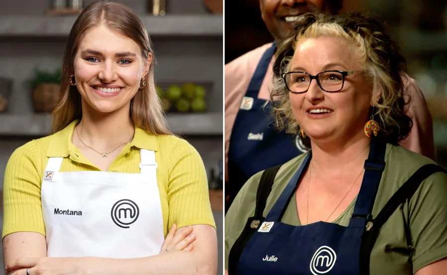 Two women in "MasterChef" aprons, one with "Montana" and the other with "Julie" name tags, smiling in a kitchen.