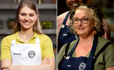 Two women in "MasterChef" aprons, one with "Montana" and the other with "Julie" name tags, smiling in a kitchen.