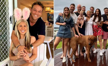 People celebrating Easter; one with bunny ears, others in a group with a dog and a baby, smiling outdoors.