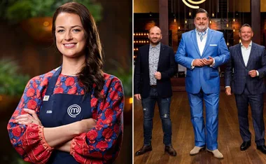 "Billie McKay in a floral top and apron, posing confidently. Judges stand together in formal attire on a cooking show set."