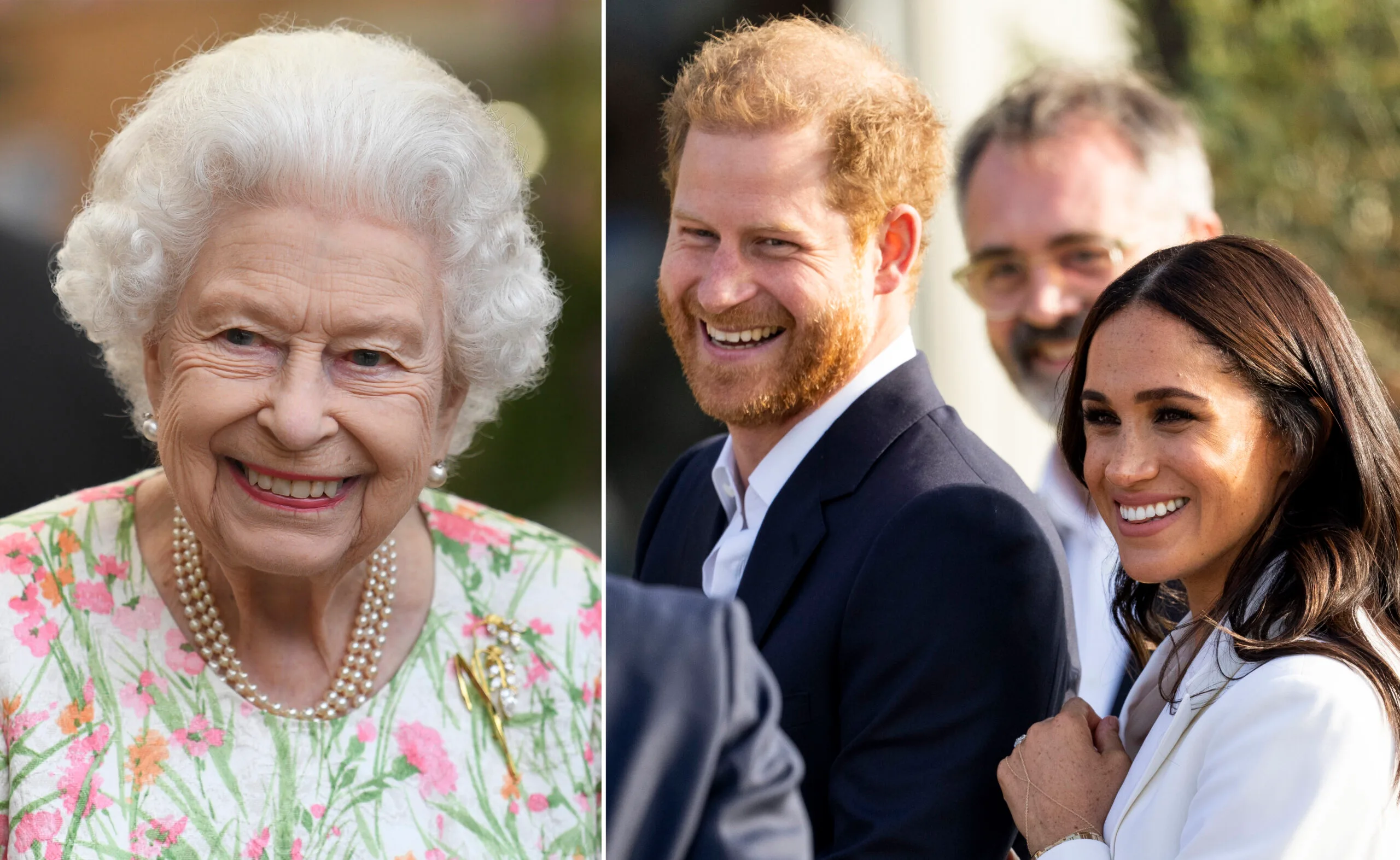 Queen Elizabeth II smiling, wearing a floral dress, beside a smiling Prince Harry and Meghan Markle outdoors.