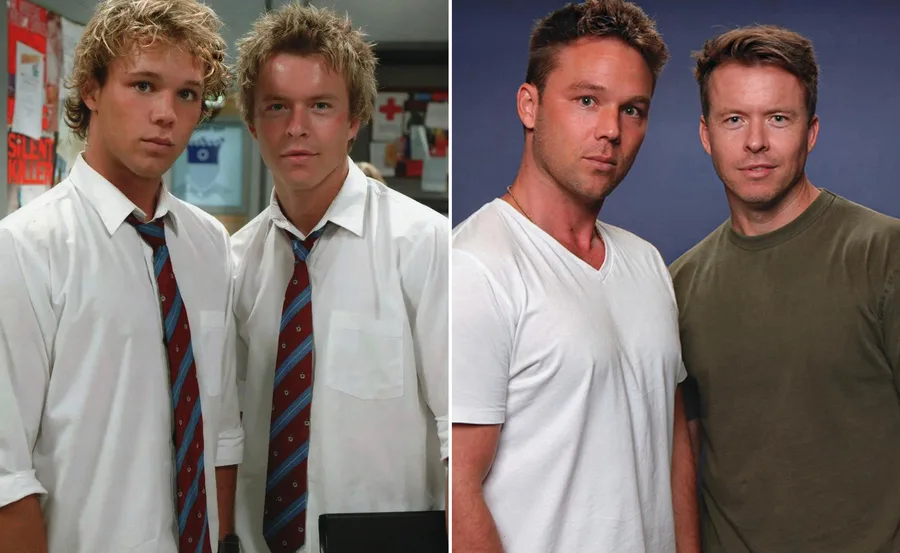 "Two men in school uniforms on the left, and casually dressed on the right, possibly from 'Home and Away.'"