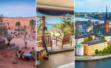 Desert camp, tropical beach view from cabin, and colorful cityscape with river.